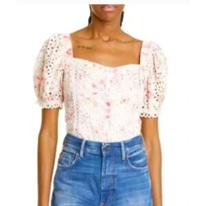 STELLAH NY Floral Eyelet Top, Puff Sleeve, Pink, Large, 170$ NWT